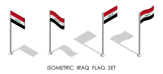 isometric flag of Republic of IRAQ in static position and in motion on flagpole. 3d vector