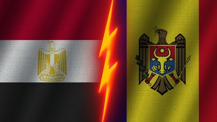 Moldova and Egypt  Flags Together, Wavy Fabric Texture Effect, Neon Glow Effect, Shining Thunder Icon, Crisis Concept, 3D Illustration