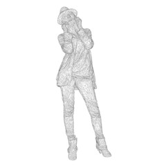 Wireframe girl in hat and suit isolated on white background. 3D. Vector illustration