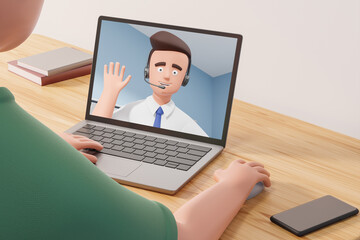 Over shoulder view of cartoon character man working on laptop with businessman video call customer service help at wooden table.