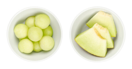Galia melon slices and balls, in white bowls. Freshly cut out spheres and triangular shaped pieces...