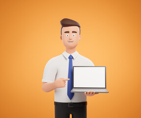 Portrait happy businessman character making presentation with laptop white blank mock up screen over yellow background.