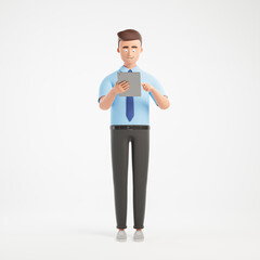 Confident cartoon businessman character with digital tablet computer stand isolated over white background.