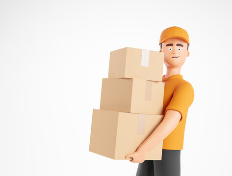 Portrait Of Cartoon Delivery Man In Yellow Uniform Carrying Three Cardboard Boxes Isolated Over White Background. Concept Of Postal Moving Delivery Service.