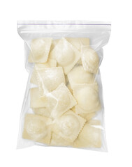 Plastic bag with uncooked ravioli on white background, top view