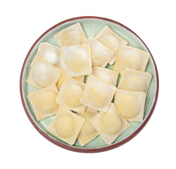 Uncooked ravioli on white background, top view