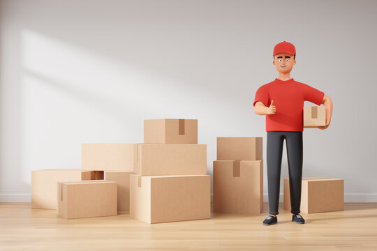 Cartoon loader man in red uniform show big thumb up at minimal interior with white wall and stack of cardboard boxes. Moving service concept.