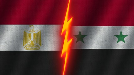 Syria and Egypt  Flags Together, Wavy Fabric Texture Effect, Neon Glow Effect, Shining Thunder Icon, Crisis Concept, 3D Illustration © MotionCenter