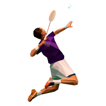 Polygonal professional badminton player doing smash shot.