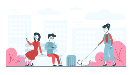 Flat linear street in business style. Man and woman are surfing the internet on the bench and another woman is walking the dog. Blue and red colours. Simple flat and informative. 