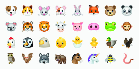 Set of animal faces, face emojis, stickers, emoticons.  © Turkan Jabbarli