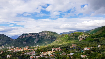 Fototapeta na wymiar Beautiful view of seaside city Amalfi in the province of Salerno, the region of Campania, Amalfi Coast, Costiera Amalfitana, Italy