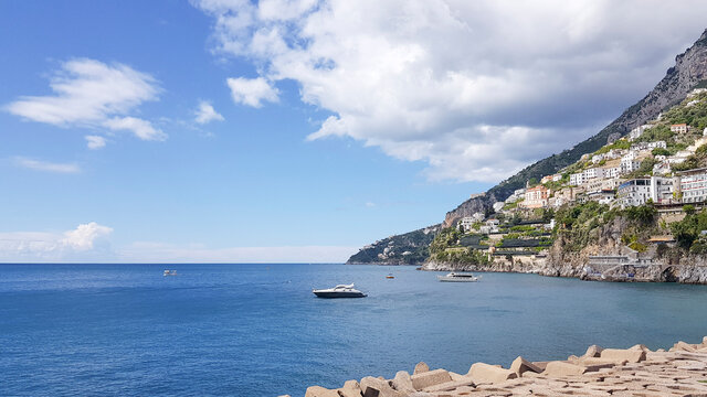 Beautiful view of Amalfi Marina Coppola port in the province of Salerno, the region of Campania, Amalfi Coast, Costiera Amalfitana, Italy
