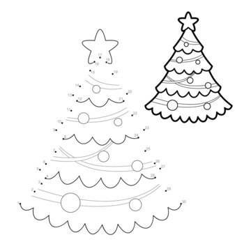 Dot To Dot Christmas Puzzle For Children. Connect Dots Game. Christmas Tree