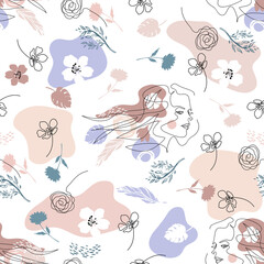 Seamless pattern with female faces. Female face drawn in one line.