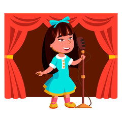 Girl Kid Singing Song On Theater Stage Vector. Asian Small Lady Singing In Microphone On Theatrical Scene Concert. Talented Character Child Performing Vocal In Karaoke Flat Cartoon Illustration