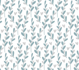 Seamless pattern background with abstract hand drawn plant branch silhouette. Cute minimalist grey blue neutral floral backdrop with hearts.
