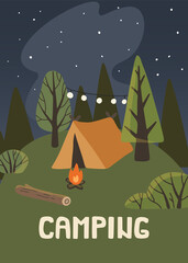 Forest camping tent poster. Print for banner, paper, wall art.