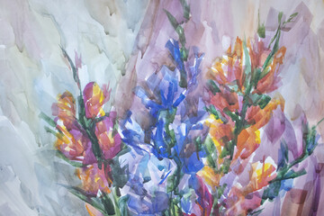 Picturesque gladiolus illustration. Colorful adorable artwork. Surface with smudges and stains. Brush strokes watercolor texture. Autumn bouquet.