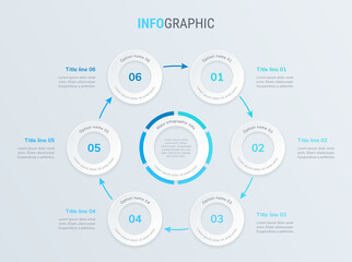 Blue timeline infographic design vector. 6 steps, rounded workflow layout. Vector infographic timeline template.
