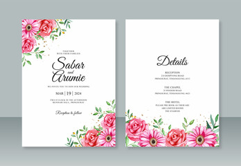 Minimalist wedding invitation template with hand painting watercolor floral