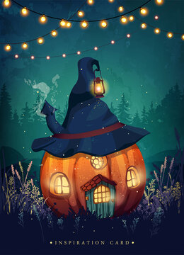 Cute Fairy House Made Of Pumpkin And Witch Hat. Autumn Festive Halloween Illustration.