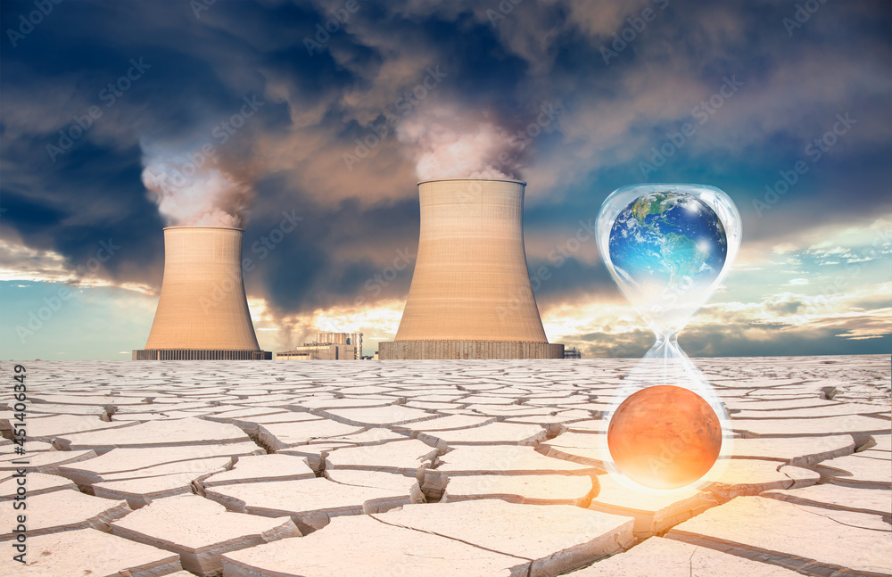 Poster Global warming concept-Planet Earth is becoming a dead planet like Mars - Hourglass inside Planet Earth and Mars isolated-Cracked mud tiles in dry river bed 