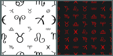A set of vector seamless patterns. Image of 12 zodiac signs on white and black isolated background. 