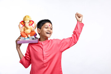 Indian little child celebrate lord ganesha festival - obrazy, fototapety, plakaty