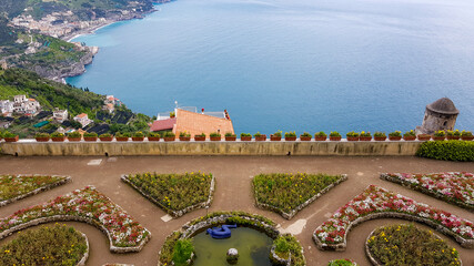 The beautiful terrace above the sea from Villa Rufolo, Ravello, Amalfi Coast, Campania, Italy 