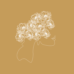 Woman head with flowers composition. Hand-drawn vector line-art illustration. One-Line style drawing.