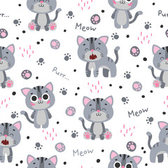 Seamless pattern with cute gray cat, kitty, kitten with black stripes, paws, word meow, purr on white background. Vector illustration, print for packaging, fabrics, wallpapers, textiles.