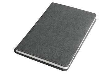 Blank dark grey leather notebook isolated on white background.