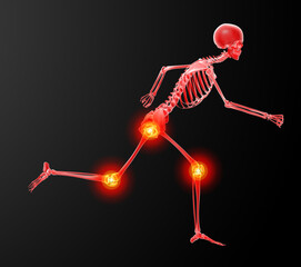 Running skeleton by X-rays in red - side view