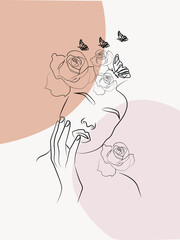 Line Drawing. Abstract face with flowers and butterfly by one line drawing. Modern continuous line art. Women line art.