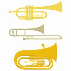 Obraz premium Set of musical wind instruments trumpet trombone tuba, color isolated vector illustration