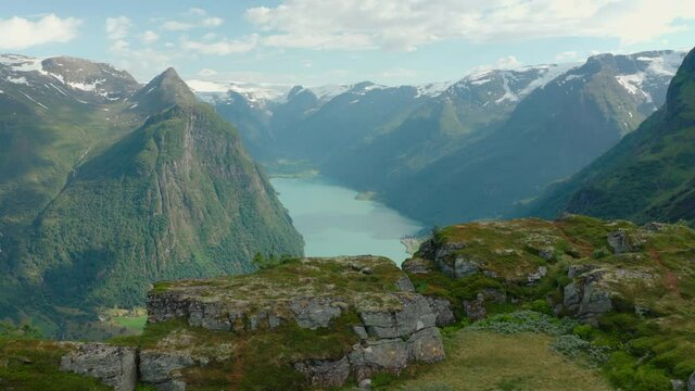 Panorama Of Oldevatnet Lake Between Green Mountains From Klovane Peak In Norway. - aerial