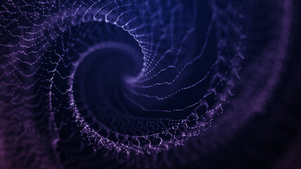 Abstract particle vortex. Futuristic dynamic wave moving in space. Illustration with explosion of data. 3d rendering.