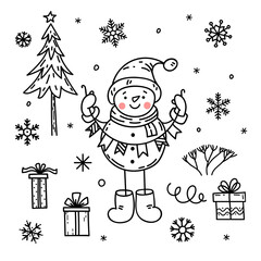 Christmas illustration with snowman, Christmas tree, snowflakes and gifts. New year picture in doodle style. Children's illustration. - 451409737