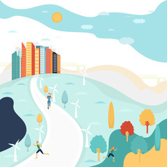 Vector poster with modern city view with people and trees. Eco city with sports people.