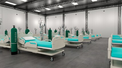 Fototapeta na wymiar Hospital room with beds .Empty bed and wheelchair in nursing a clinic or hospital .3d rendering Hospital .Modern hospital,health care concept.