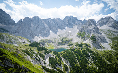 Panorama view of lakes Drachensee  and coburger hut. Taken from mountain Tajakopf near Leermos ehrwald austria alps