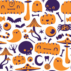 Cute pumpkins and skulls magic mushrooms halloween vector pattern