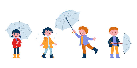 Cute smiling kids with umbrellas in rubber boots. Set of vector illustrations in flat cartoon style.