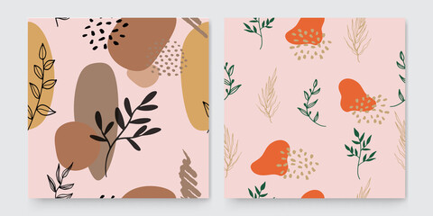 Collage contemporary orange floral and polka dot shapes seamless pattern set. Floral abstract seamless patterns. Vector design for different surfases.