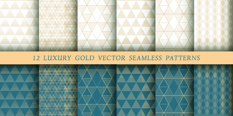 Set of 12 luxurious vector seamless patterns. Geometrical patterns on a white and emerald background. Modern illustrations for wallpapers, flyers, covers, banners, minimalistic ornaments, backgrounds.