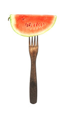 slice of watermelon on a fork isolated on white background.