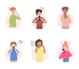 Portrait of different people in shock and surprised holding and looking at smartphone set. Emotional gesturing people. Men and women in stress, panicked or disappointed . Vector flat illustration.