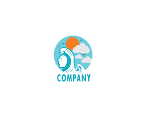 Logo combination of the shape of a woman's face and hair shape like waves in the ocean