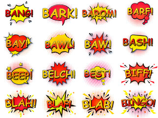 Comic speech bubbles set with different emotions and text  bang, bark, baroom, barom, barf, bay, bawl, baw, bash, beep, belch, best, biff, bingo, blab, blaf, blah isolated on white background high res